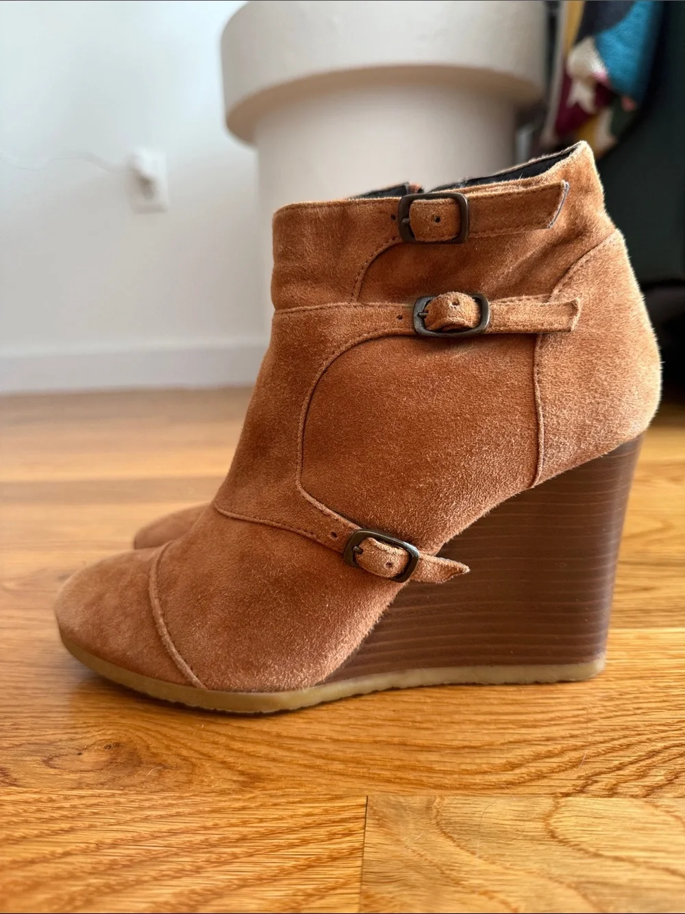 J Crew Suede Wedge Ankle Boot with Buckle Details